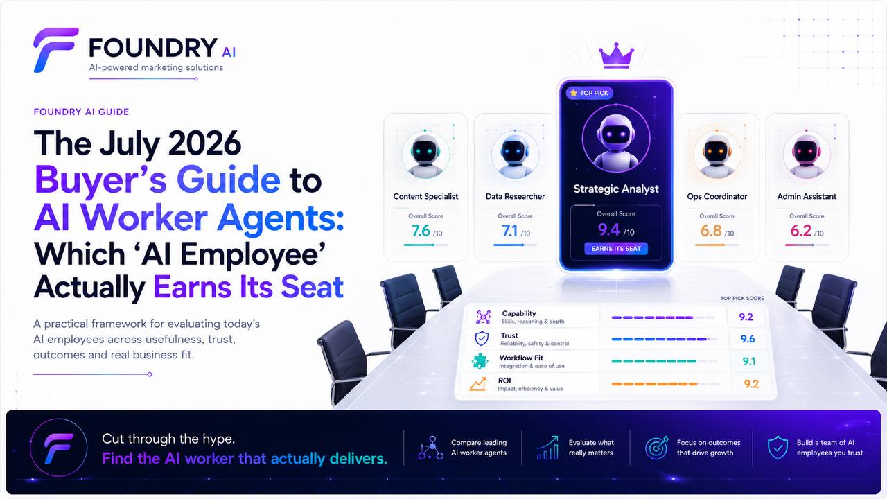 Foundry AI July 2026 Buyer's Guide comparing AI worker agents by capability, trust, workflow fit and ROI