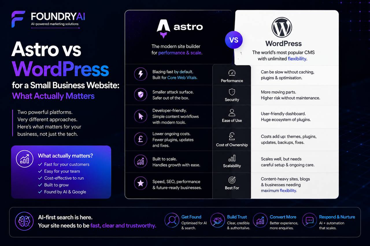 Astro and WordPress compared for a small business website across performance, security, ease of use, cost of ownership and scalability.