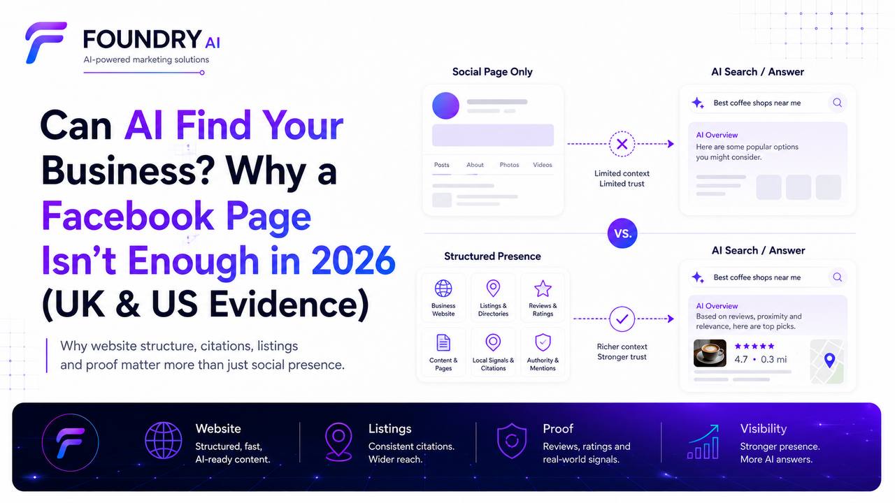 Can AI Find Your Business? Social-page-only presence compared with a structured business web presence in AI search.