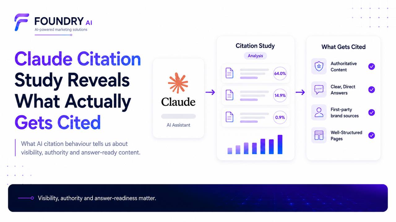 Claude citation study showing brand websites at 64.0%, news and media at 14.9%, and social platforms at 0.9%, with first-party brand sources among the content types cited