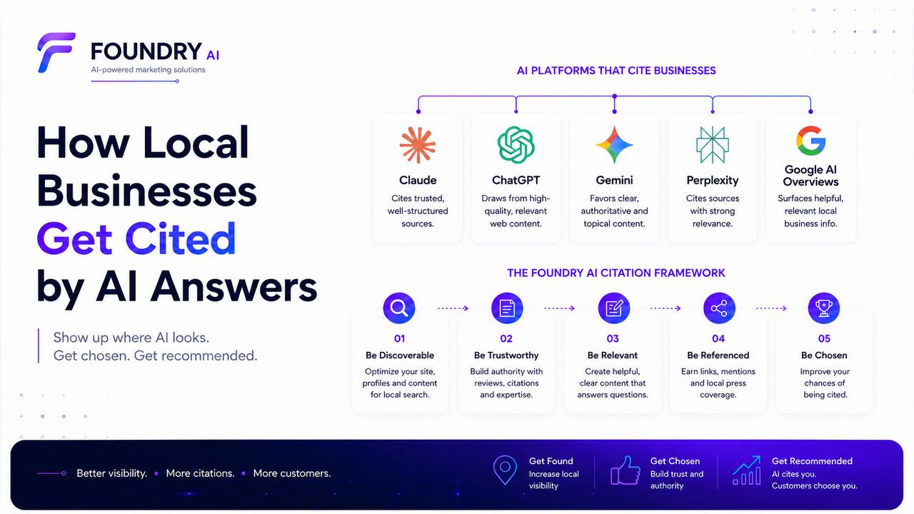 Five-stage framework showing how local businesses can improve their chances of being cited by AI answer platforms