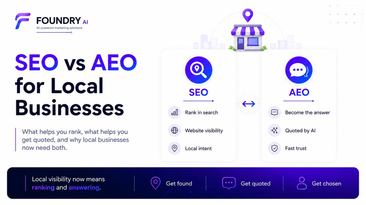 SEO and AEO compared for local businesses, showing the roles of search visibility, direct answers and trust
