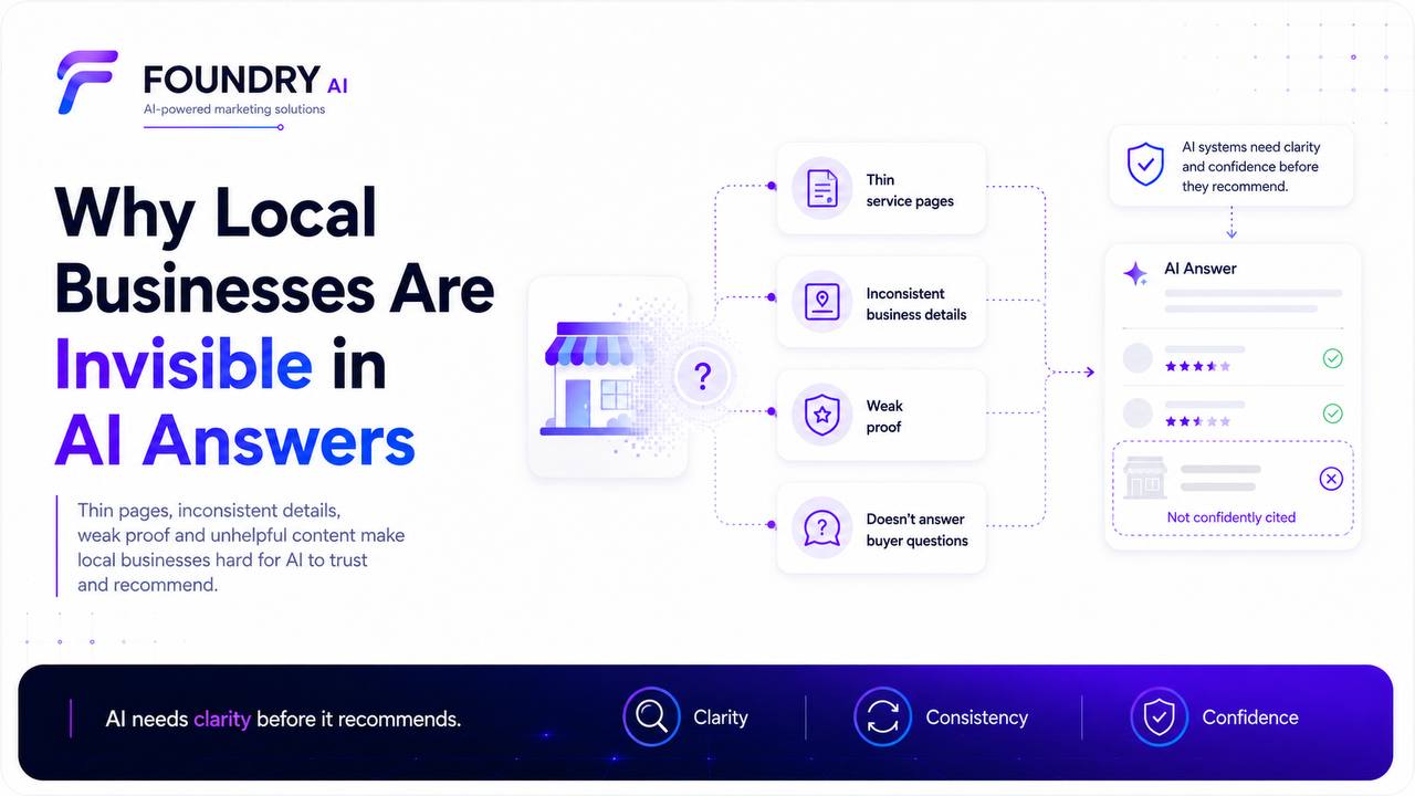 Thin service pages, inconsistent business details, weak proof and unanswered buyer questions making a local business harder for AI systems to trust and recommend