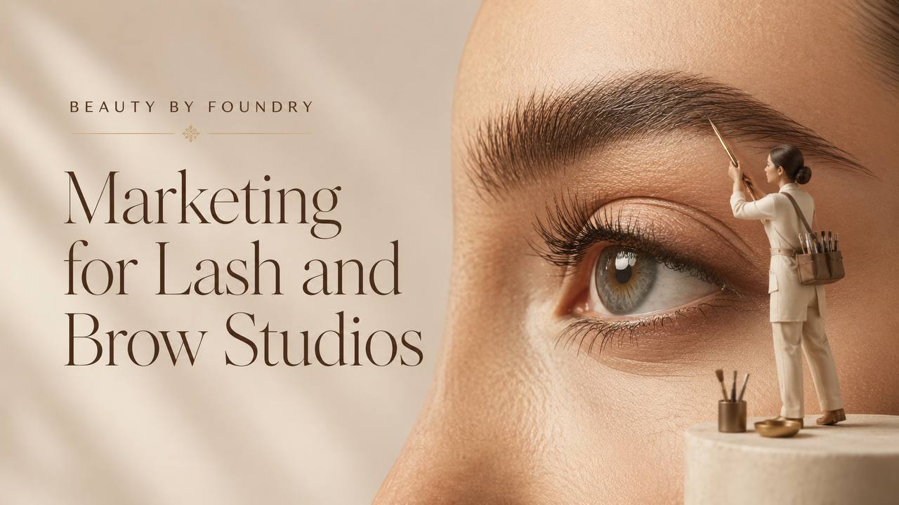 Marketing for Lash and Brow Studios guide artwork showing a close-up eye, brow and specialist brow artist