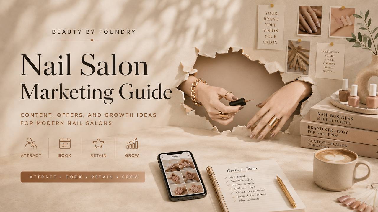 Nail Salon Marketing Guide showing content, booking, retention and growth ideas for modern nail salons
