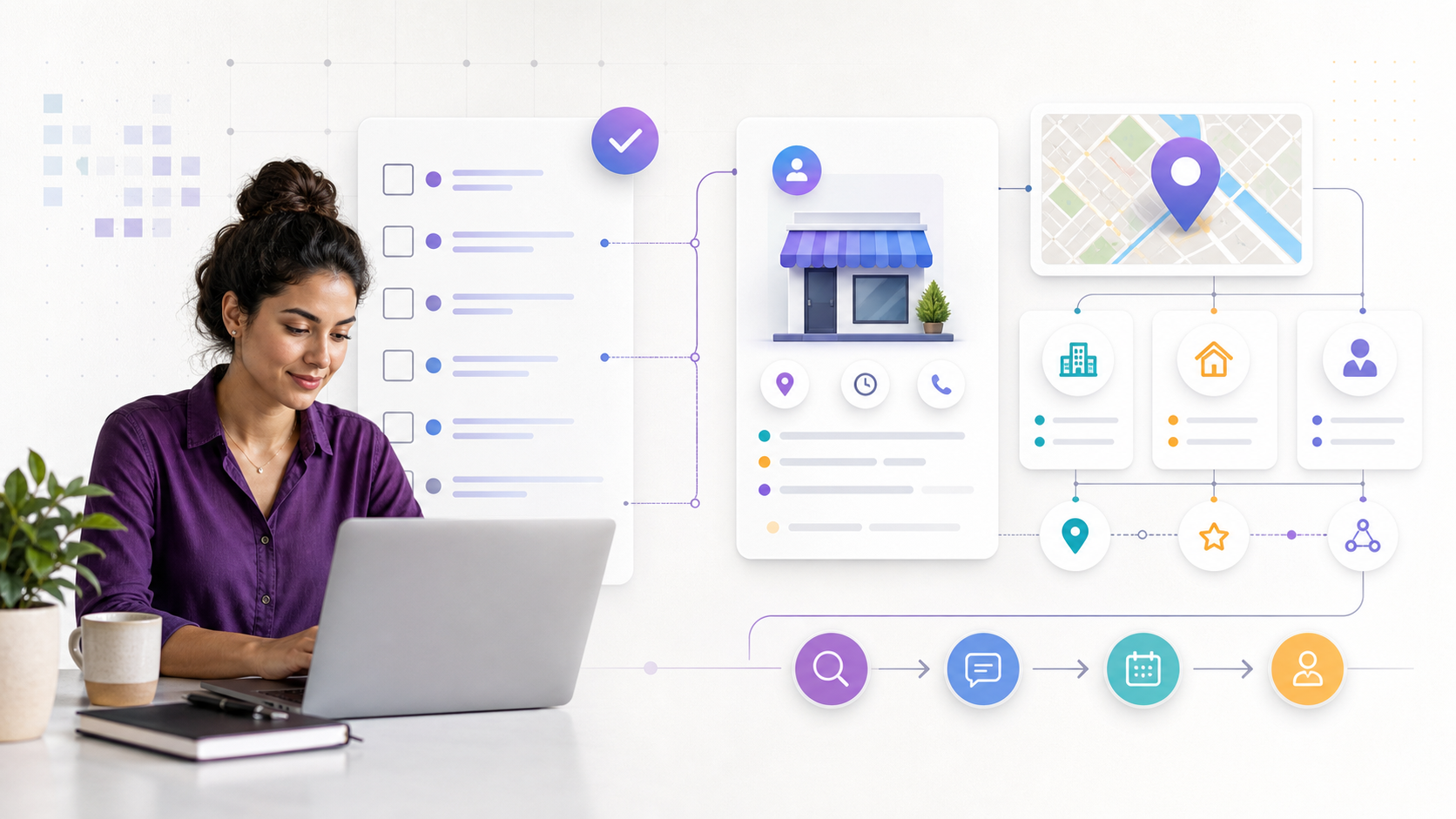 A small-business owner reviews a local SEO visibility checklist with connected location pins and business detail cards.